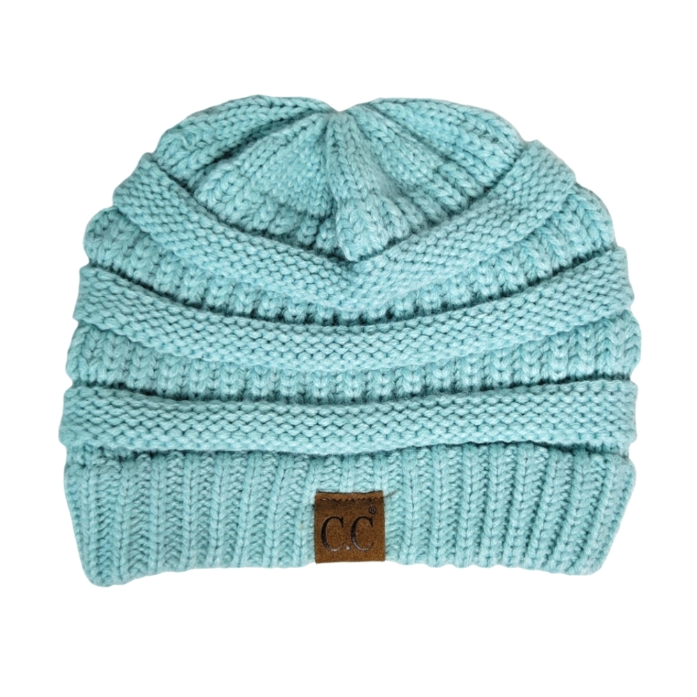 CC Resorts teal blue crochet knit beanie